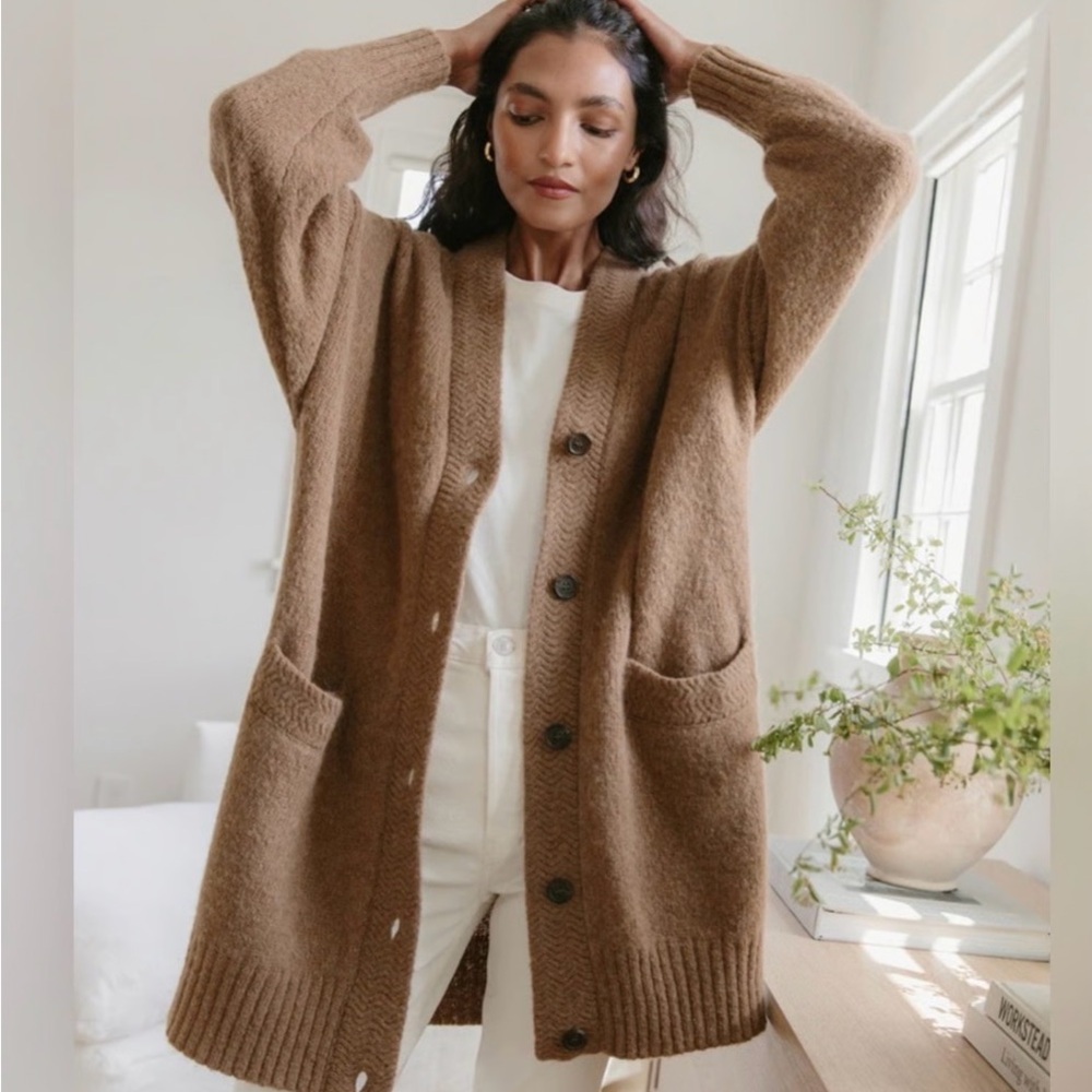 Jenni Kayne Cottage V-Neck Cardigan Tan Wool Oversized Sweater